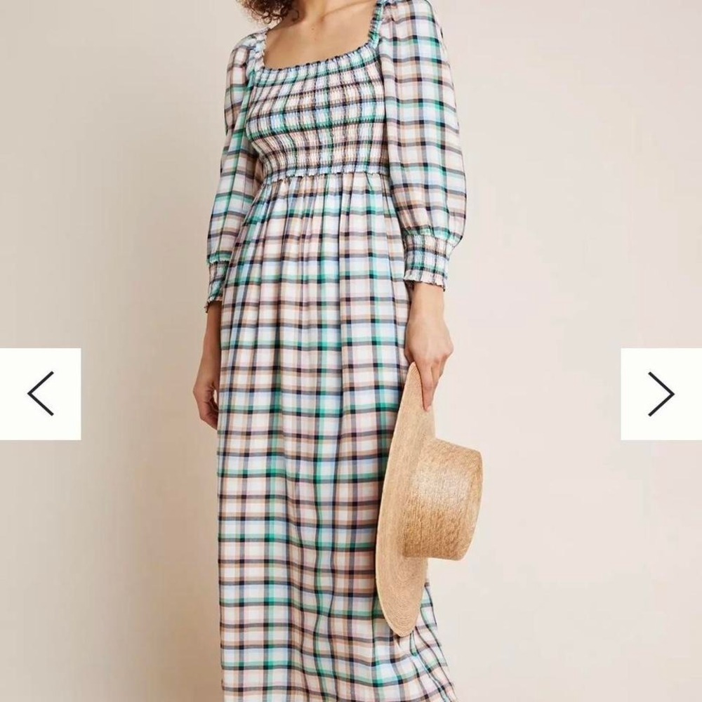 Maeve Anthropologie plaid smocked midi dress cottagecore puff sleeve